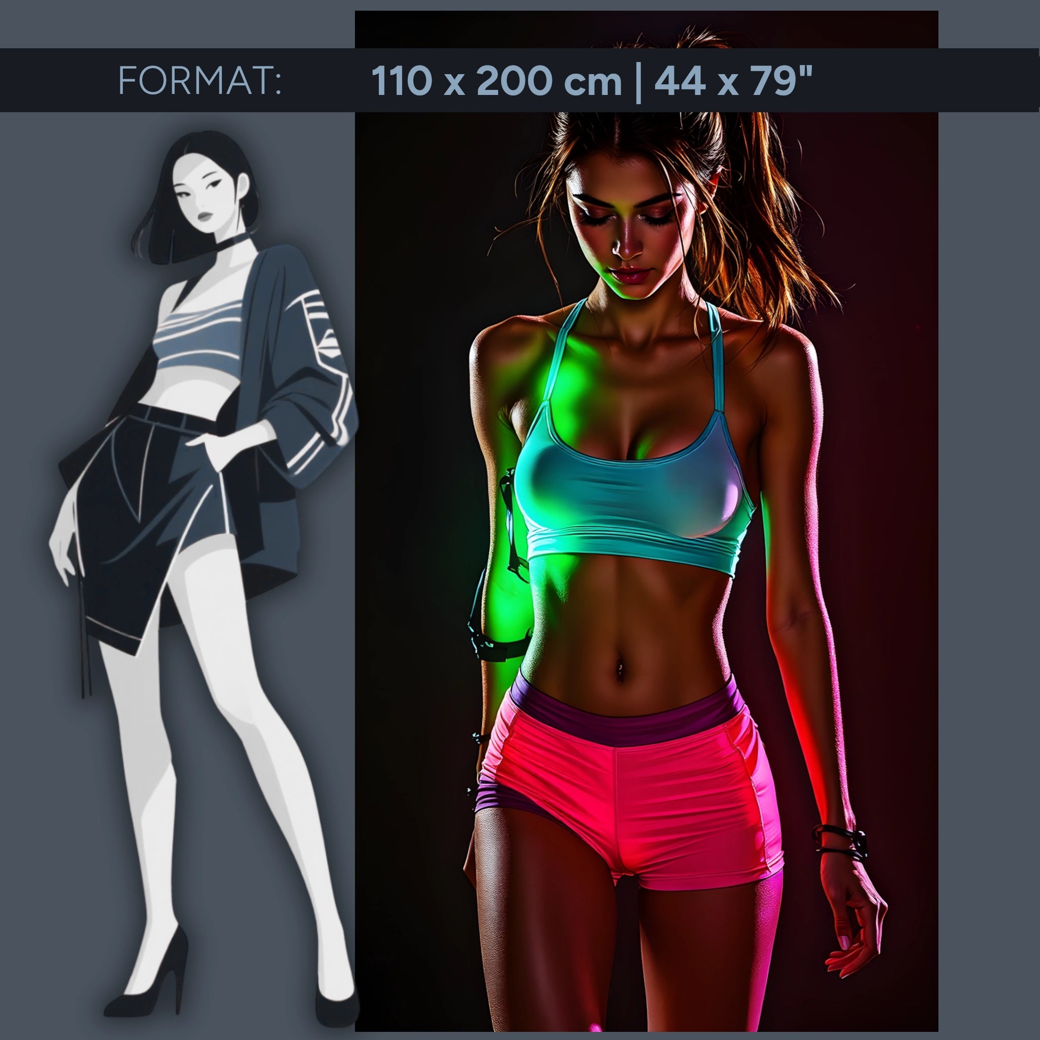 Œuvre d'art fitness néon sur verre acrylique – femme sportive dans un design lumineux moderne